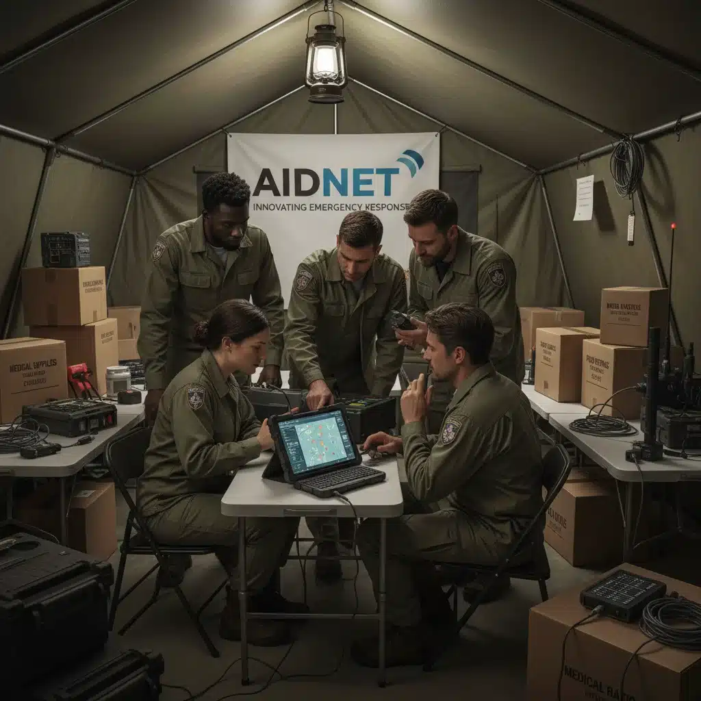 Humanitarian aid workers using technology for efficient disaster response and refugee assistance.