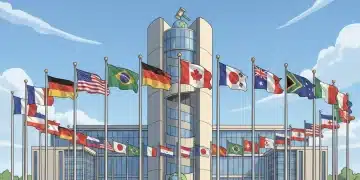 International Criminal Court building with US flag, symbolizing global justice and international cooperation.