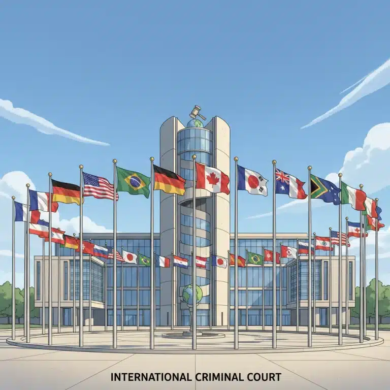 International Criminal Court building with US flag, symbolizing global justice and international cooperation.