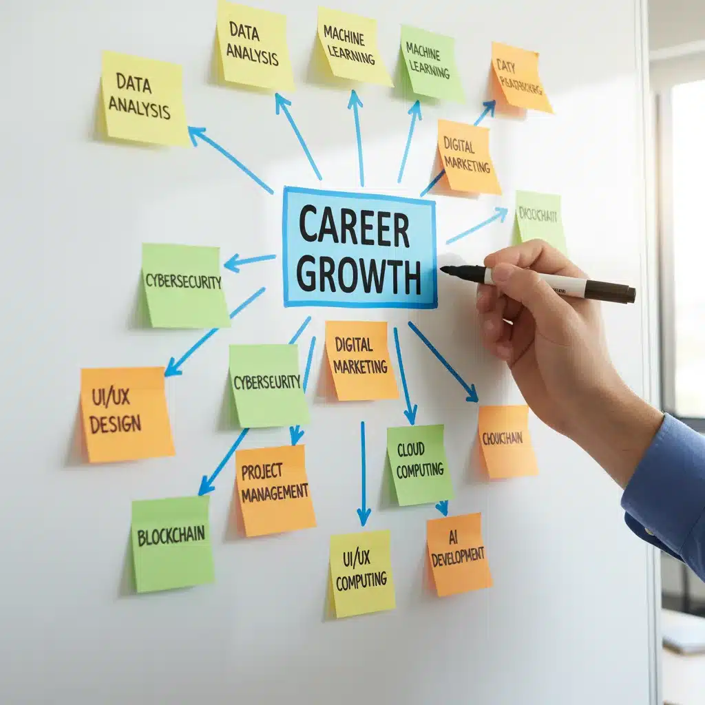 Whiteboard illustrating in-demand skills and career growth opportunities