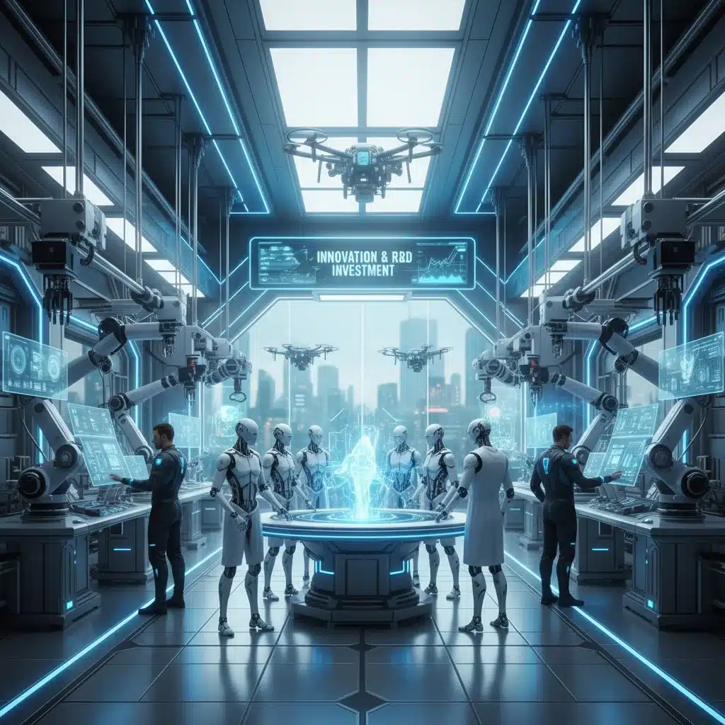 Robots and engineers in a high-tech factory, representing innovation and R&D investment.