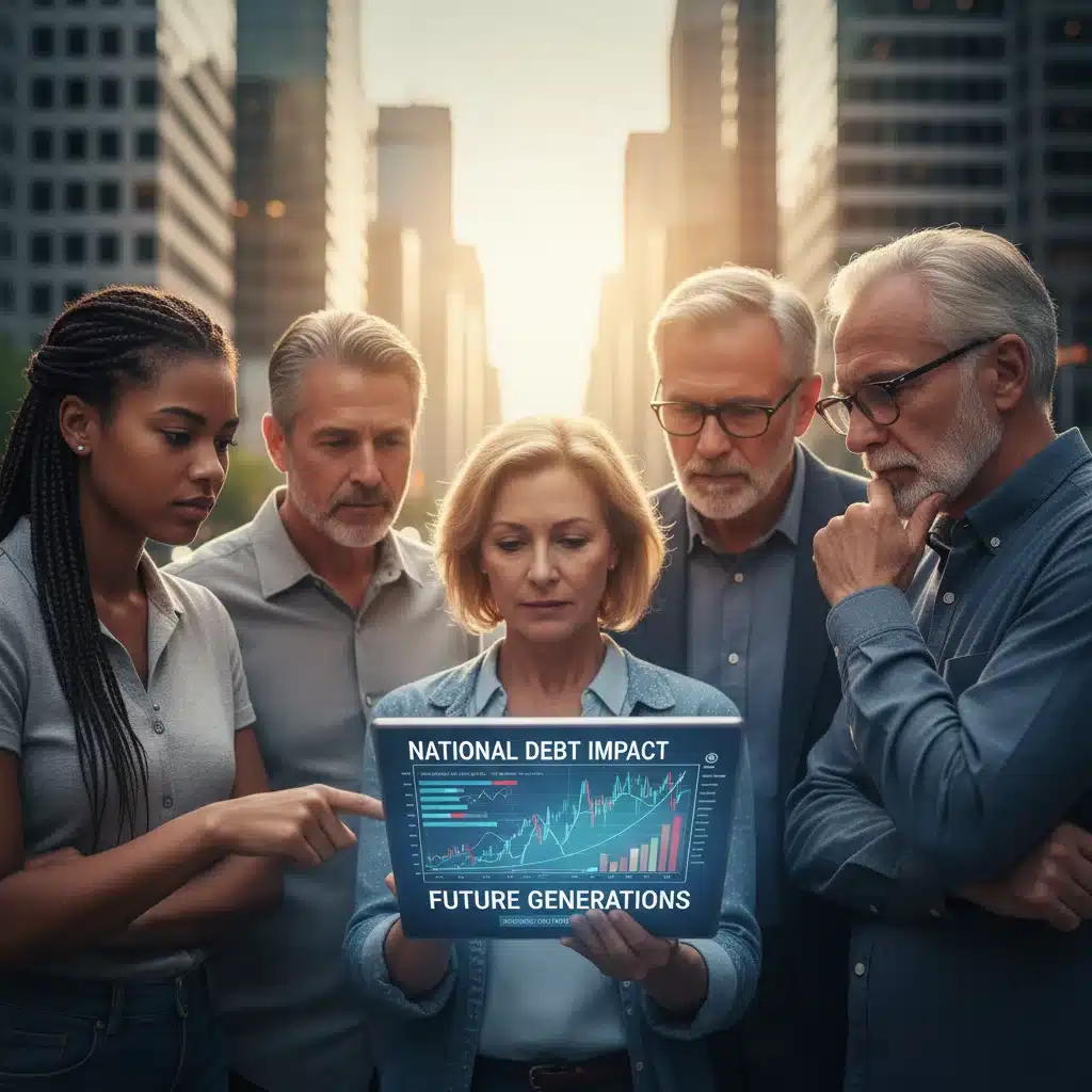 People of different generations contemplating financial charts, symbolizing debt impact.