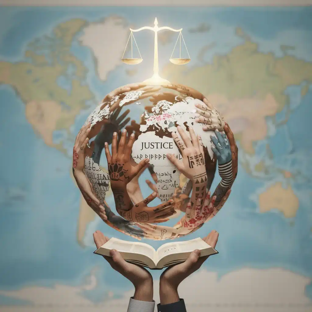 Diverse hands forming a globe, symbolizing international cooperation for justice.