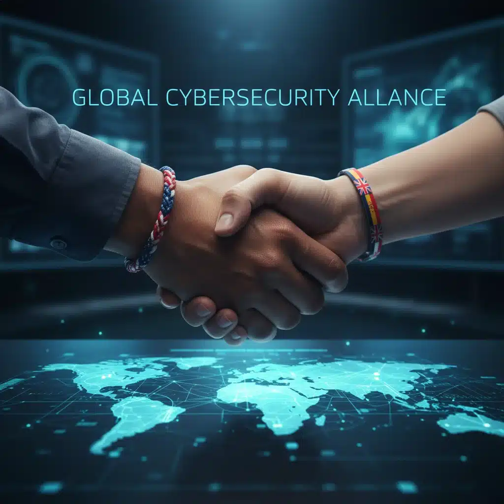 International hands shaking over global digital network map