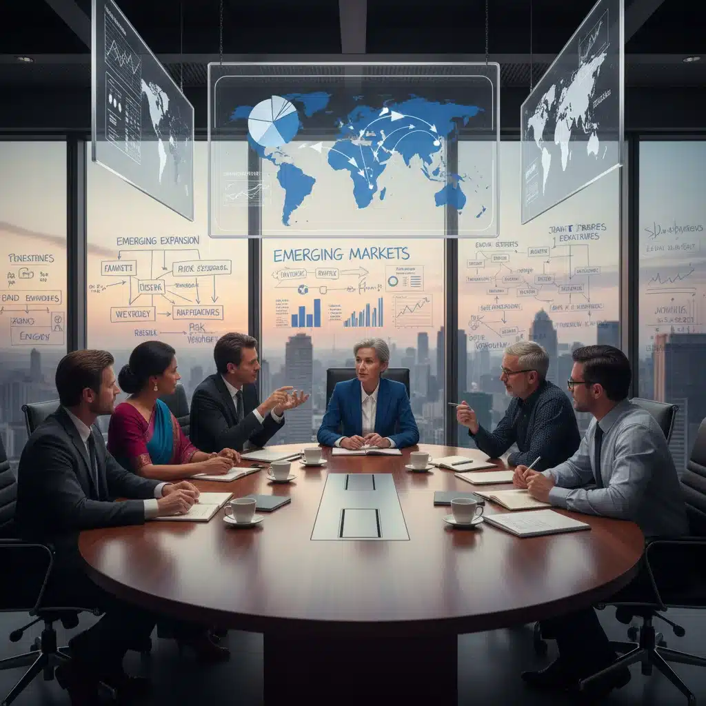 Business leaders strategizing for international market entry