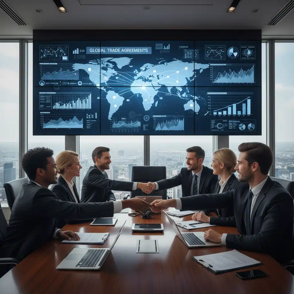 International business leaders discussing and negotiating new trade agreements and policies.