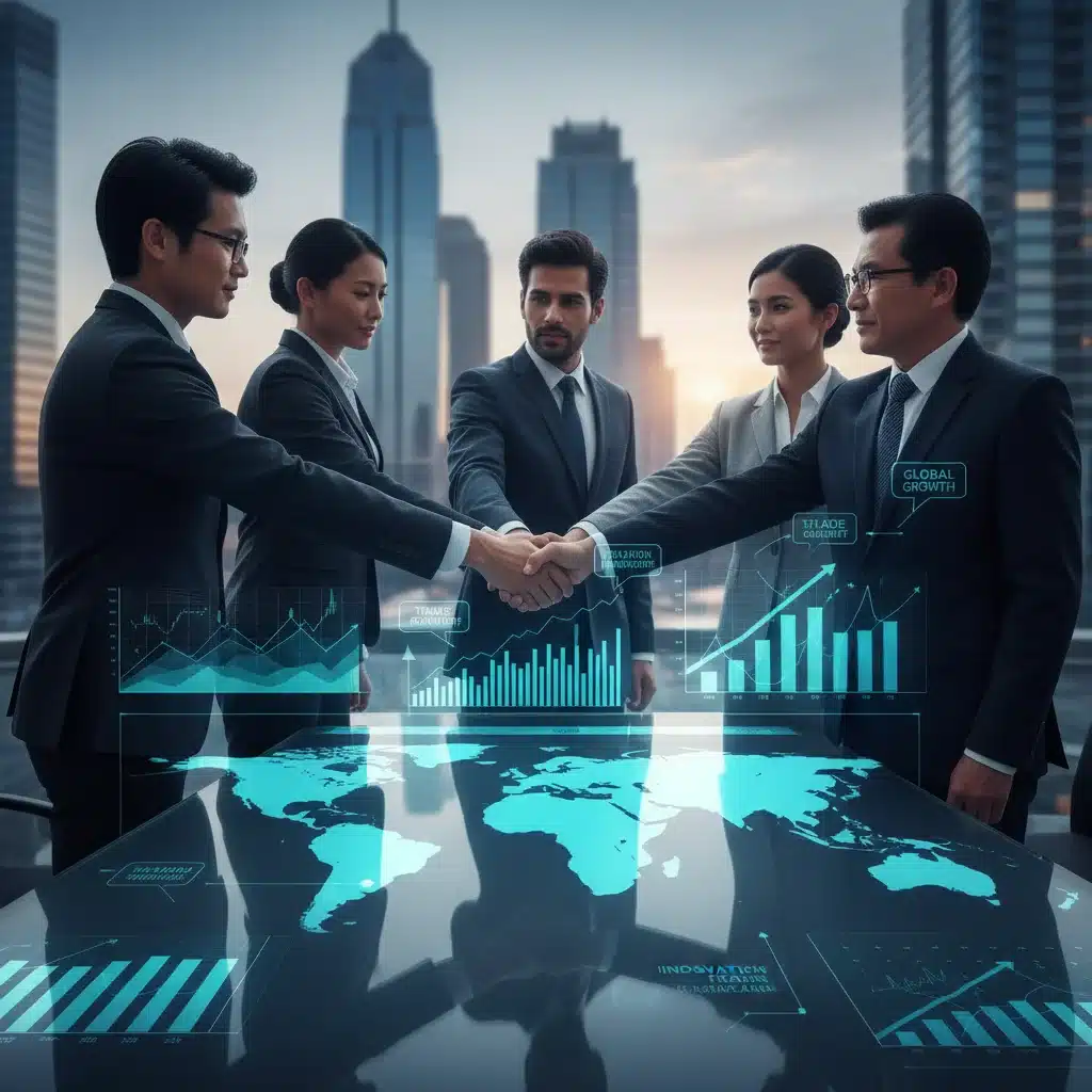 International business leaders shaking hands, signifying successful trade agreements and global partnerships.