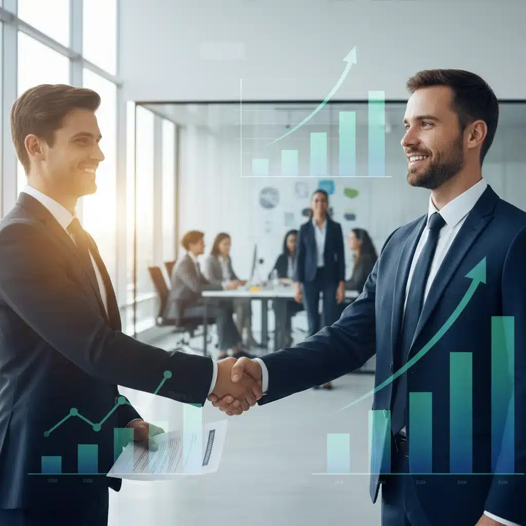 Successful job seeker shaking hands with recruiter in thriving market