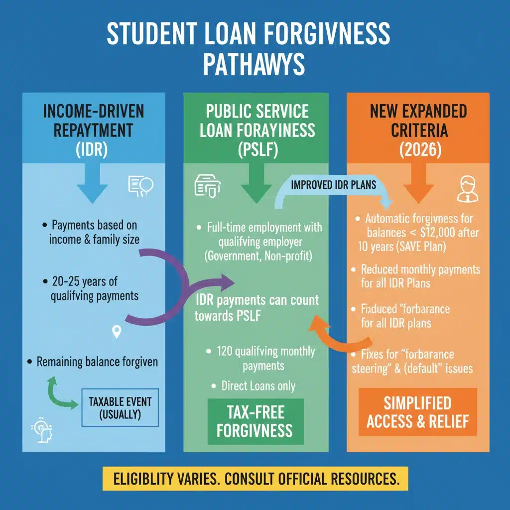 Infographic detailing student loan forgiveness pathways and expanded eligibility