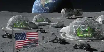 Futuristic lunar base with US flag and Earth in background