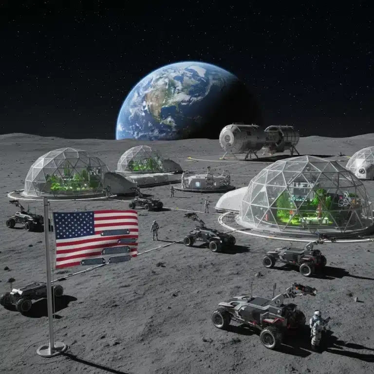 Futuristic lunar base with US flag and Earth in background