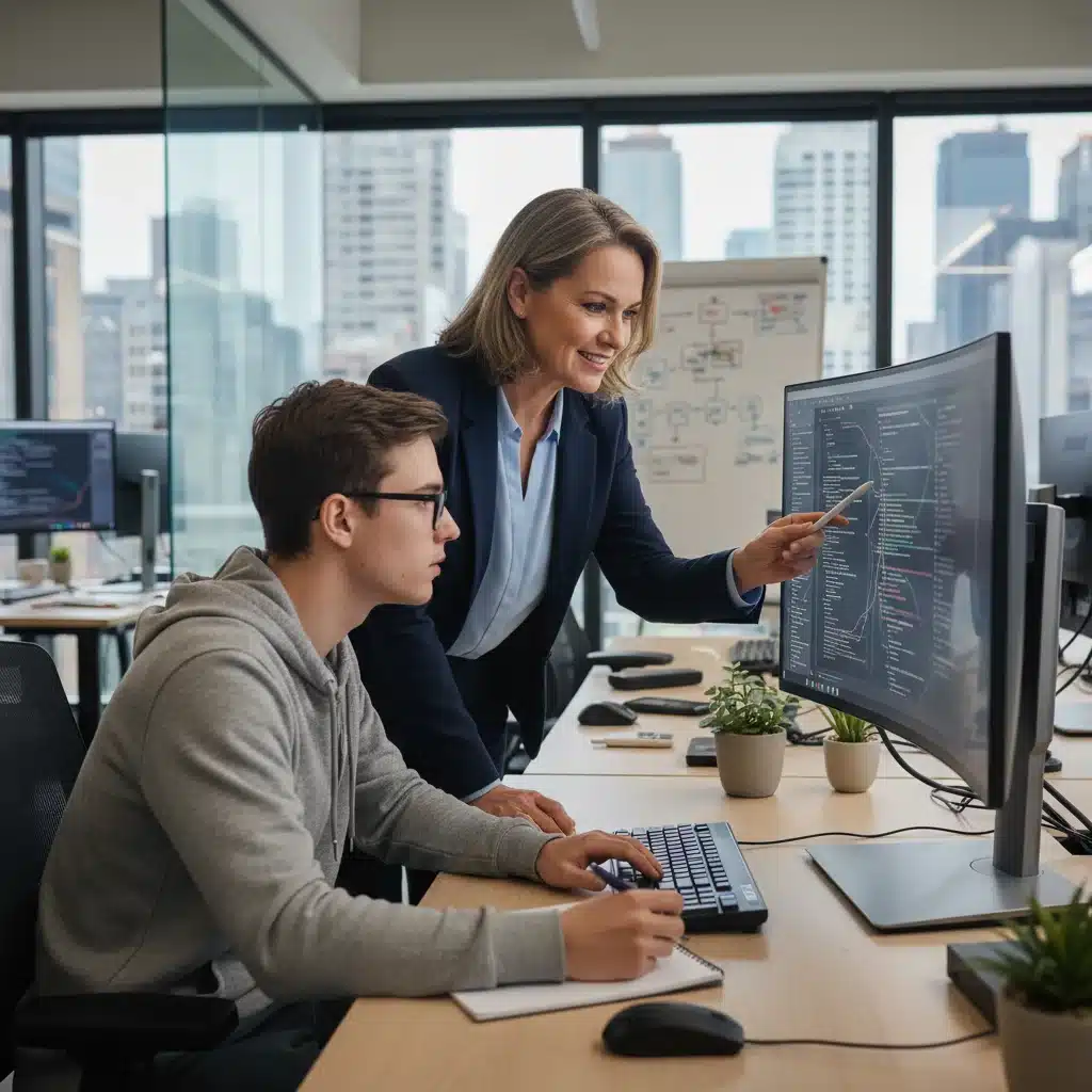 Experienced mentor guiding apprentice through software training
