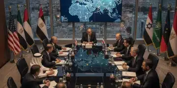Diplomats discussing Middle East peace initiatives at a conference table with city skyline background.