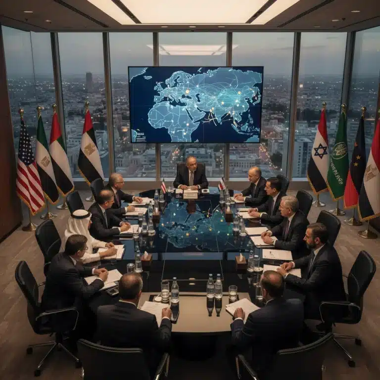 Diplomats discussing Middle East peace initiatives at a conference table with city skyline background.