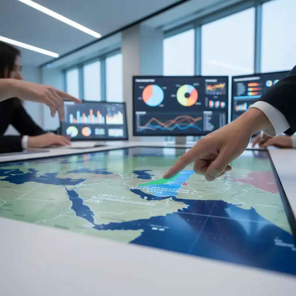 Policy analysts examining a detailed map of the Middle East for conflict resolution and economic development.