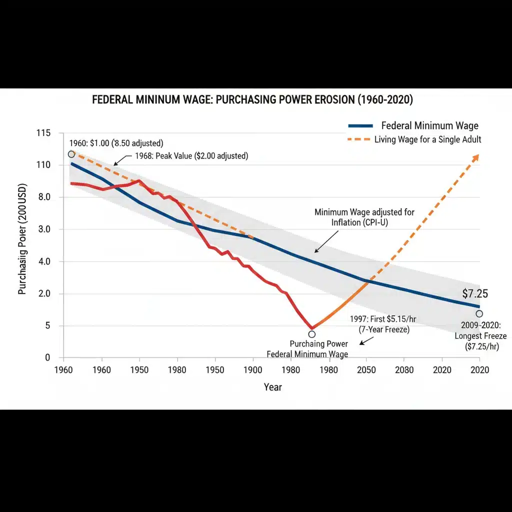 Historical federal minimum wage trends vs inflation chart