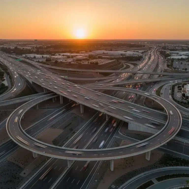 Modern highway interchange with smooth roads and sturdy bridges at sunset