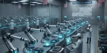 Robotic arms on a modern factory floor, symbolizing US manufacturing growth and technological advancement.