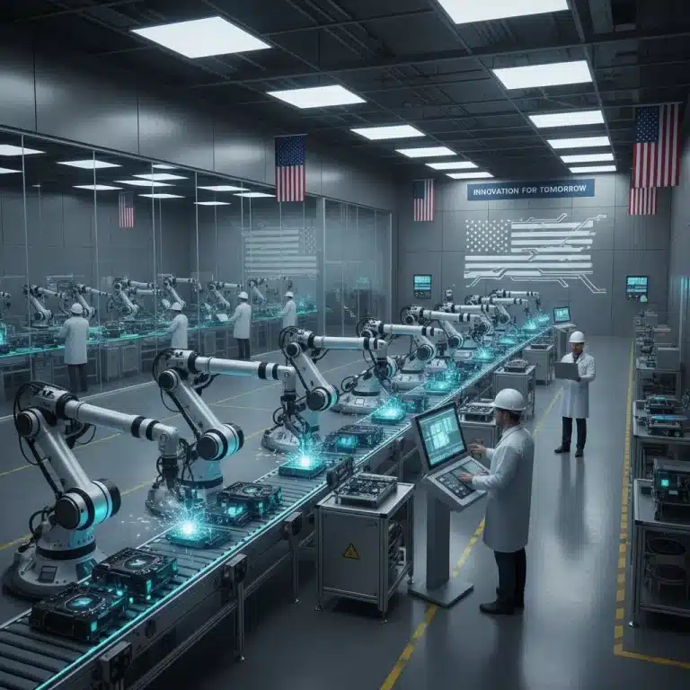 Robotic arms on a modern factory floor, symbolizing US manufacturing growth and technological advancement.