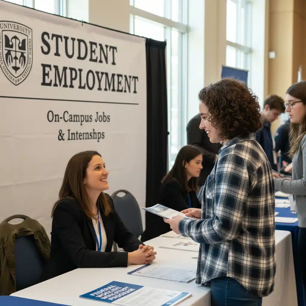 Student exploring on-campus job opportunities at a university work-study fair.