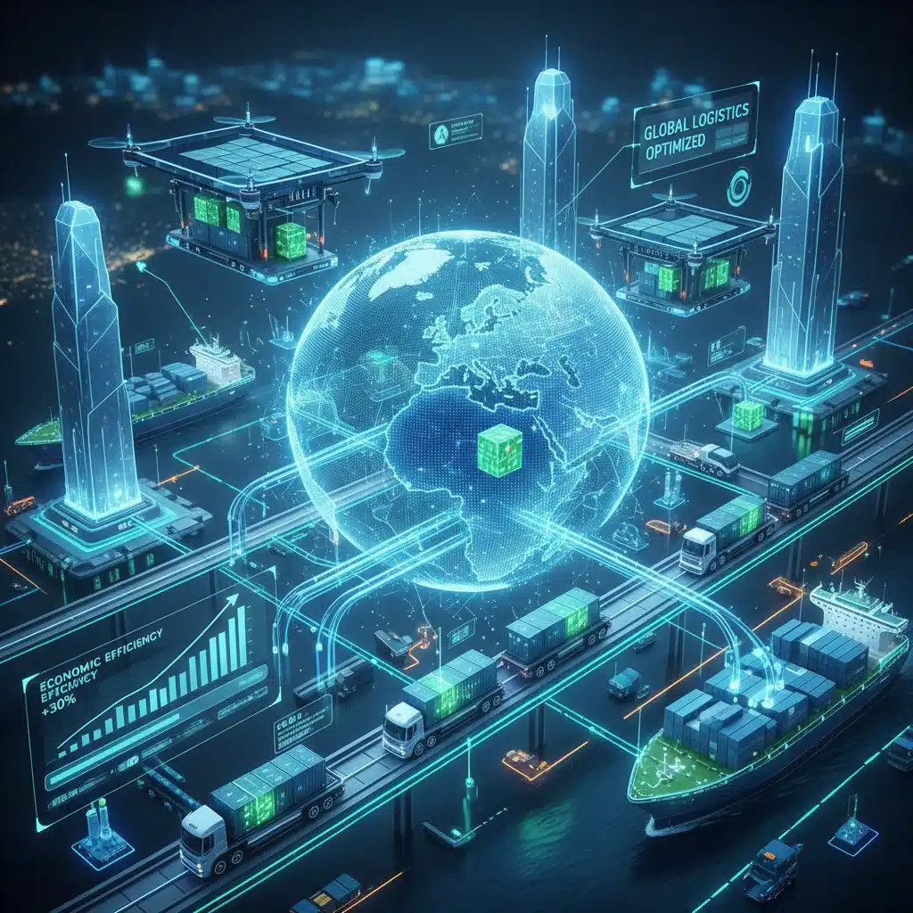 Digital visualization of an optimized supply chain network, enhancing economic efficiency.