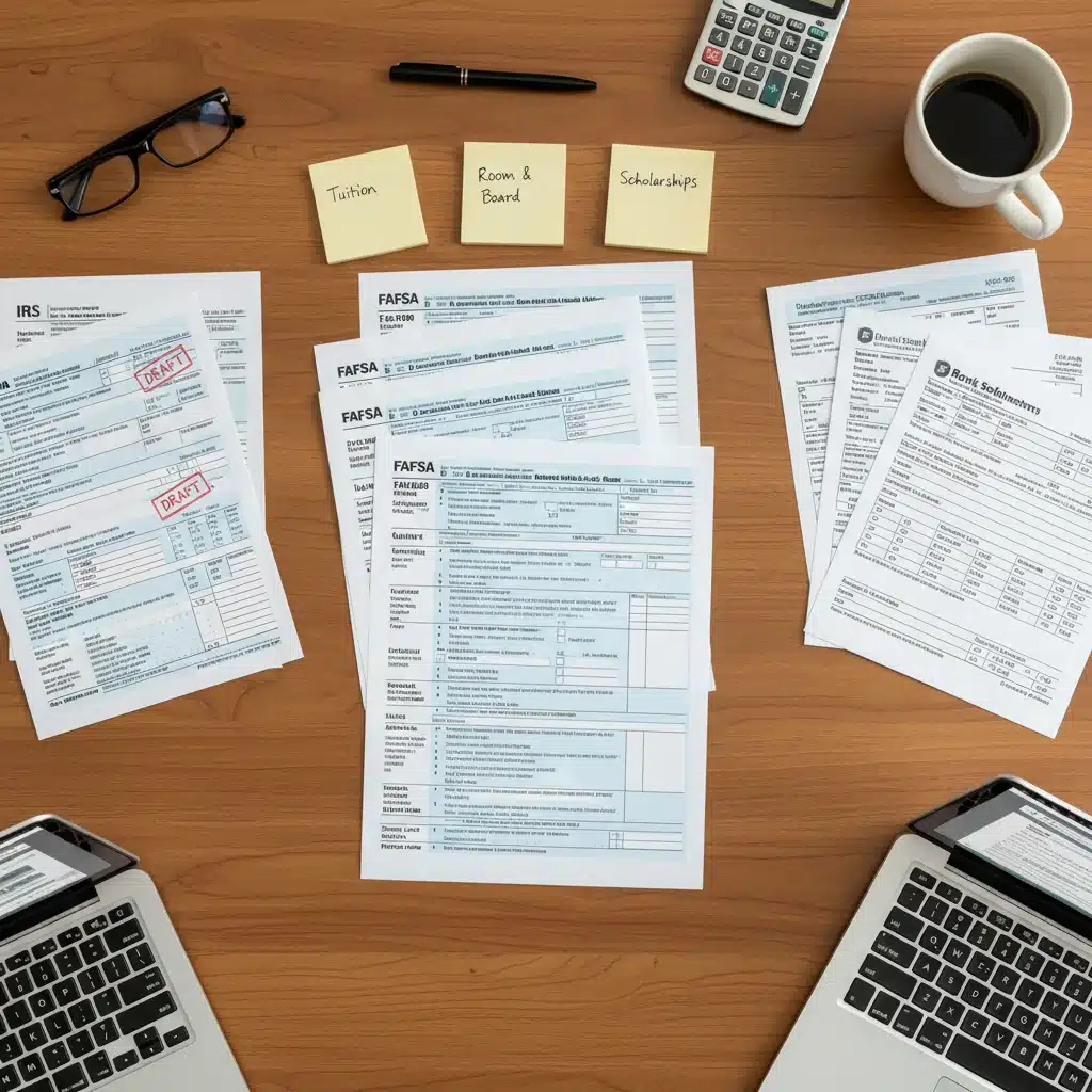 Organized financial aid documents, tax returns, and bank statements for FAFSA preparation.