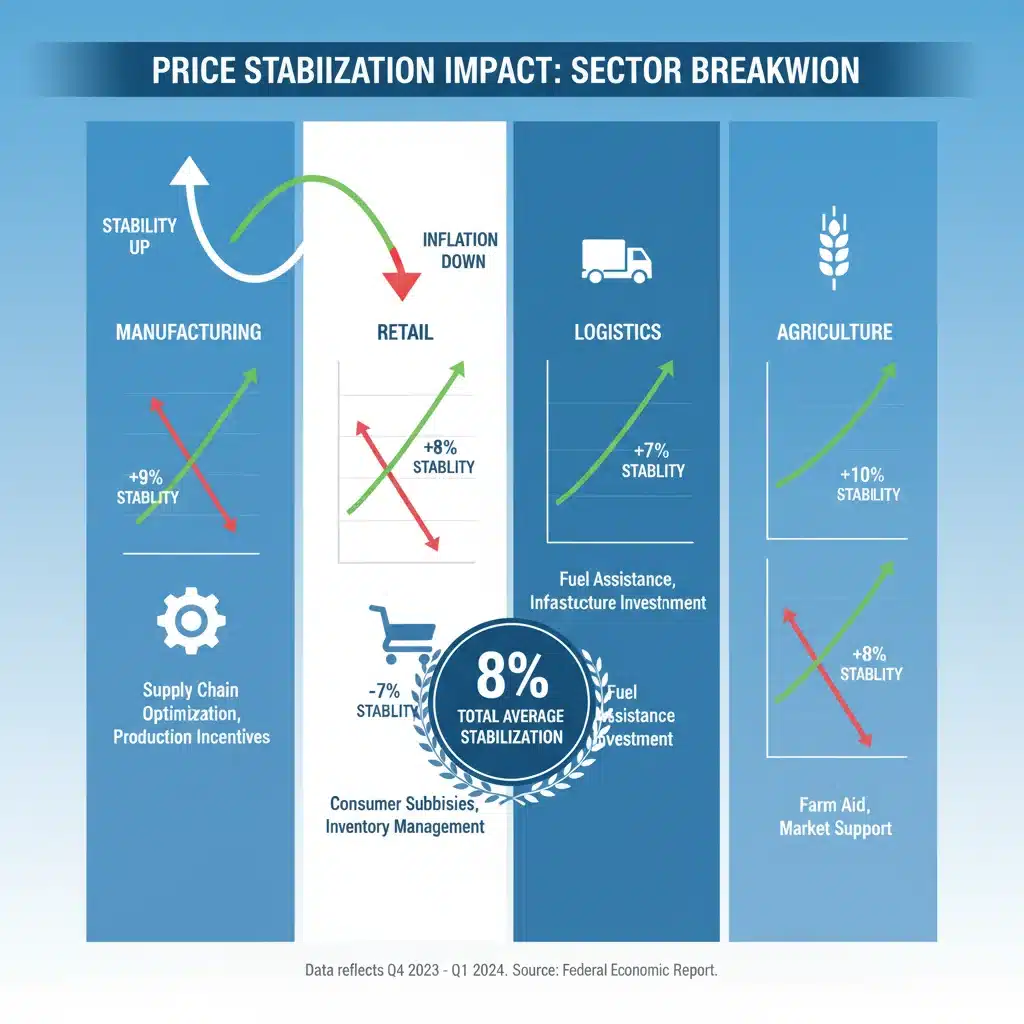 Infographic showing 8% price stabilization across sectors due to federal policies