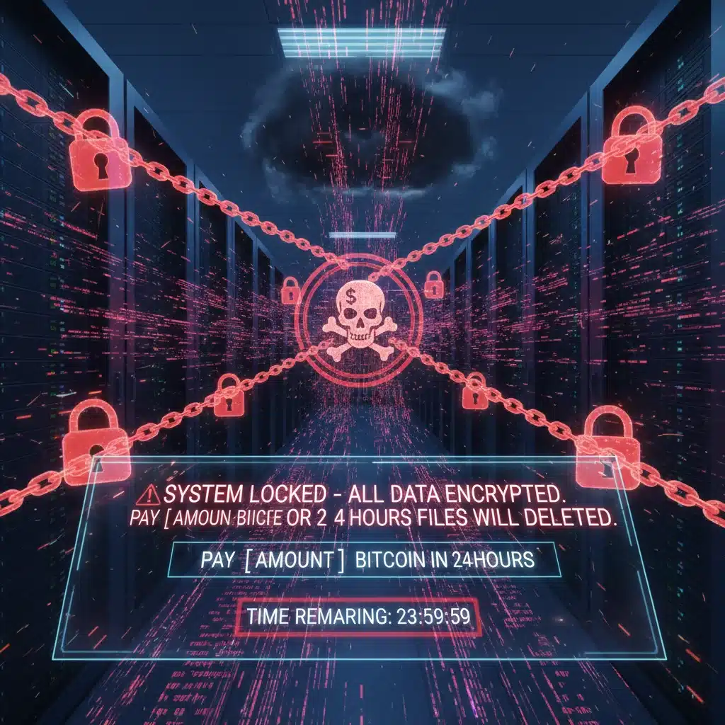 Complex ransomware attack encrypting data on server racks