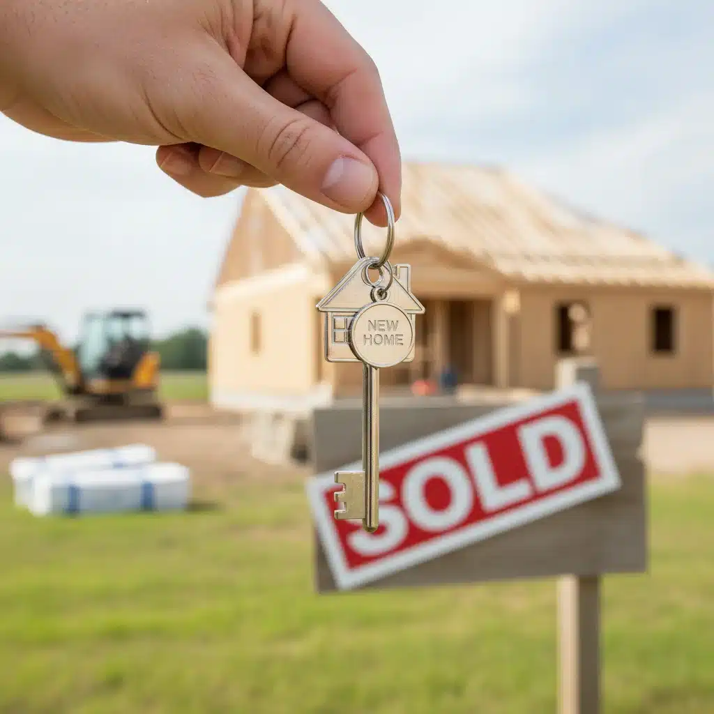 Hand holding a house key in front of a sold sign, representing market transactions.