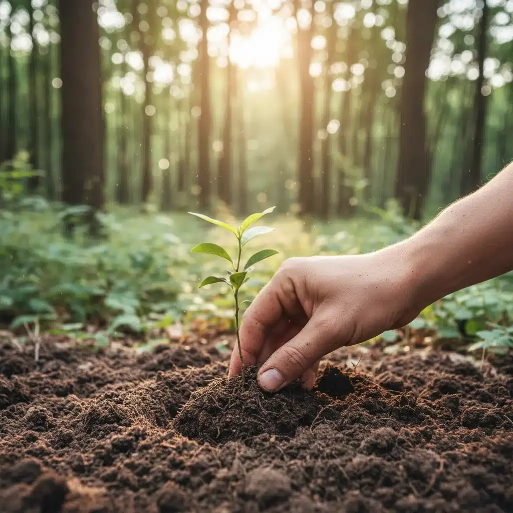Hand planting a sapling, representing reforestation and sustainable land management initiatives.