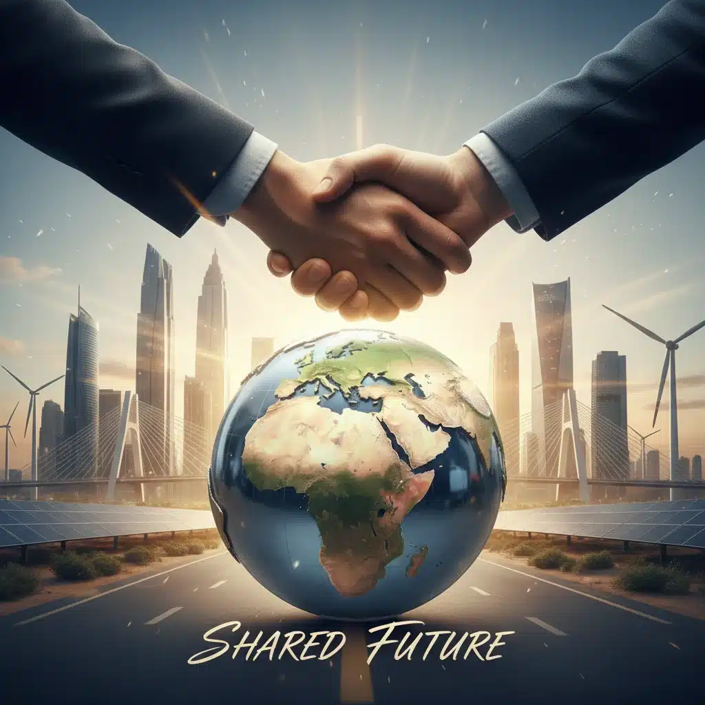 Diverse hands shaking over a globe showing the Middle East, symbolizing regional cooperation and economic growth.
