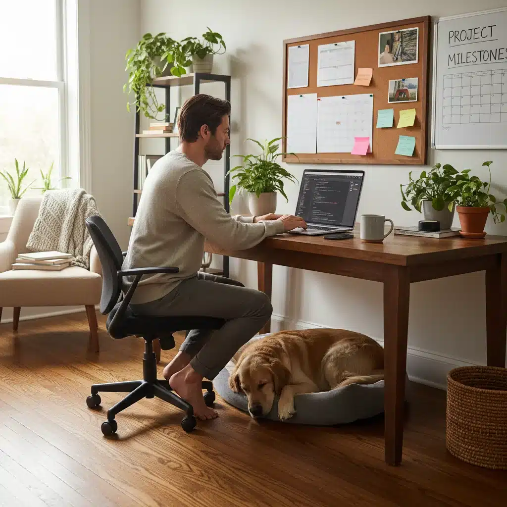 Independent worker focused on a laptop in a comfortable home office with a dog.