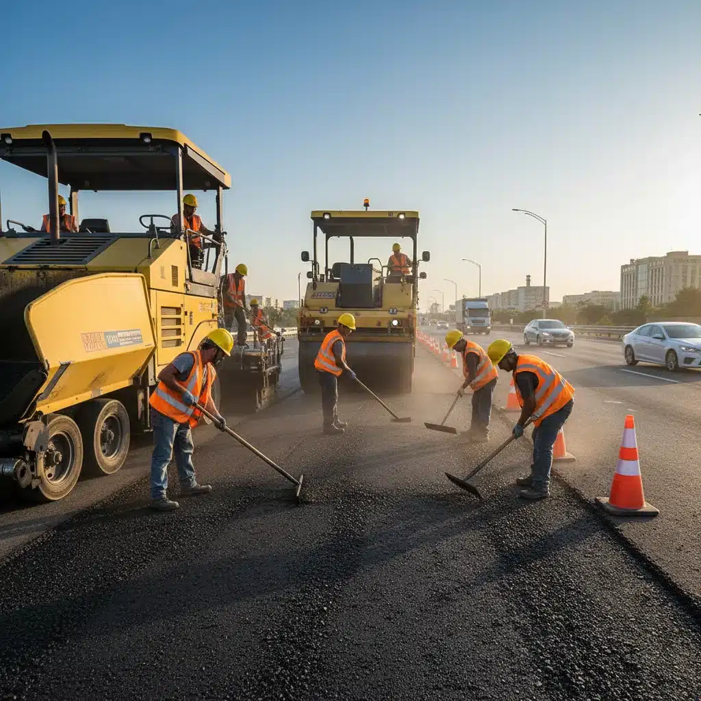 Construction crew repairing asphalt road with heavy machinery