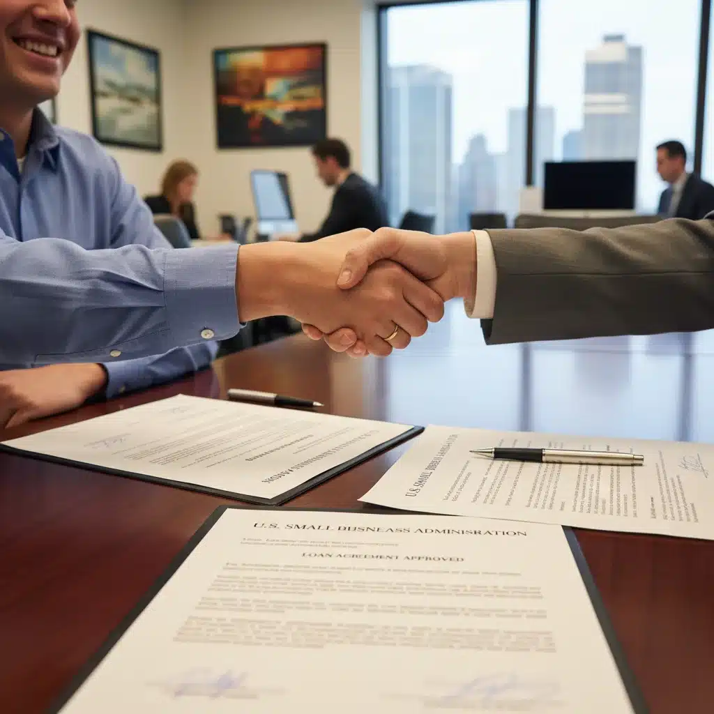 Small business owner shaking hands for SBA loan approval