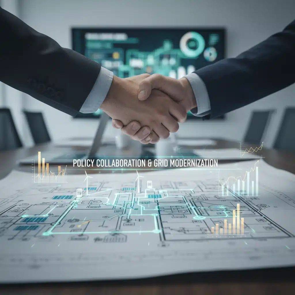 Hands shaking over smart grid blueprint, symbolizing energy policy collaboration.