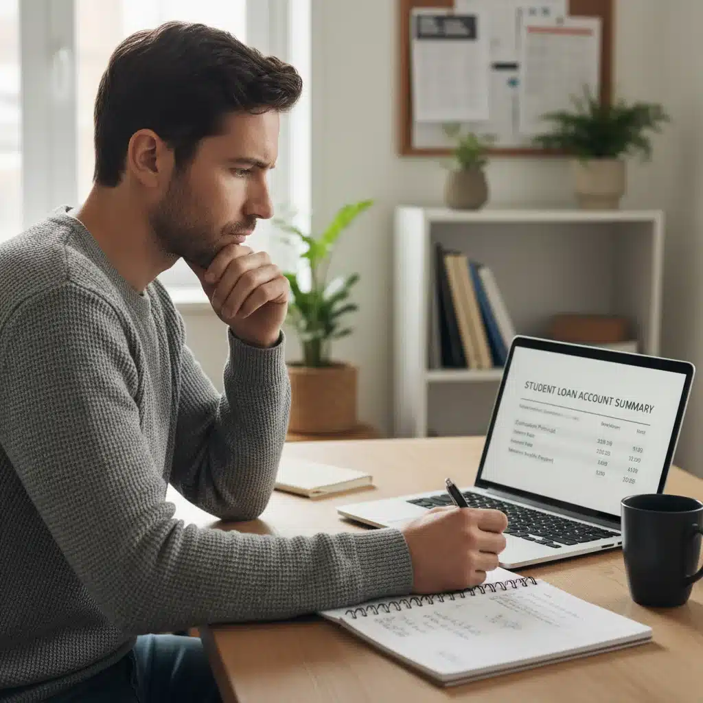 Borrower reviewing student loan documents and financial statements on a laptop.
