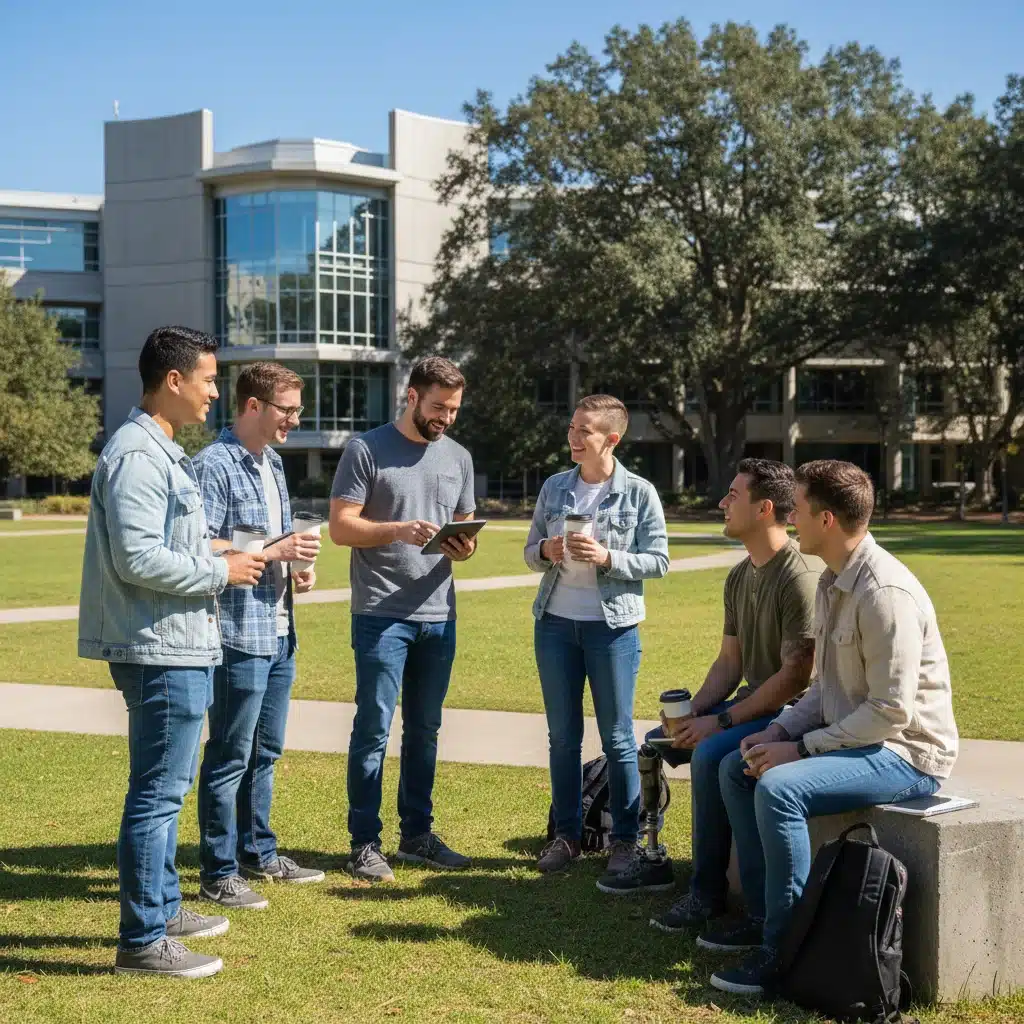 Student veterans networking and sharing experiences on a college campus.