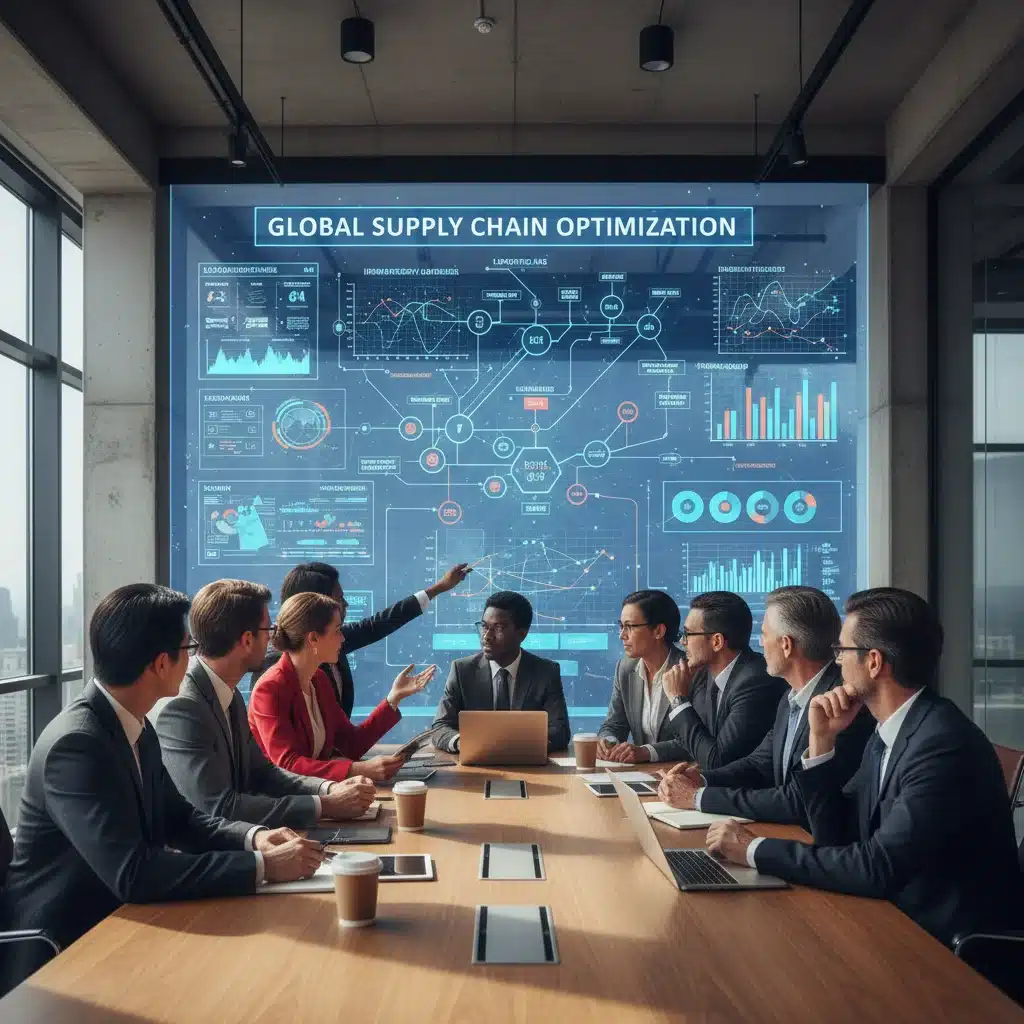 Professionals analyzing supply chain data and strategic planning