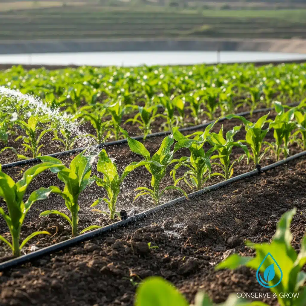 Healthy green crops under an irrigation system, symbolizing sustainable farming and conservation.
