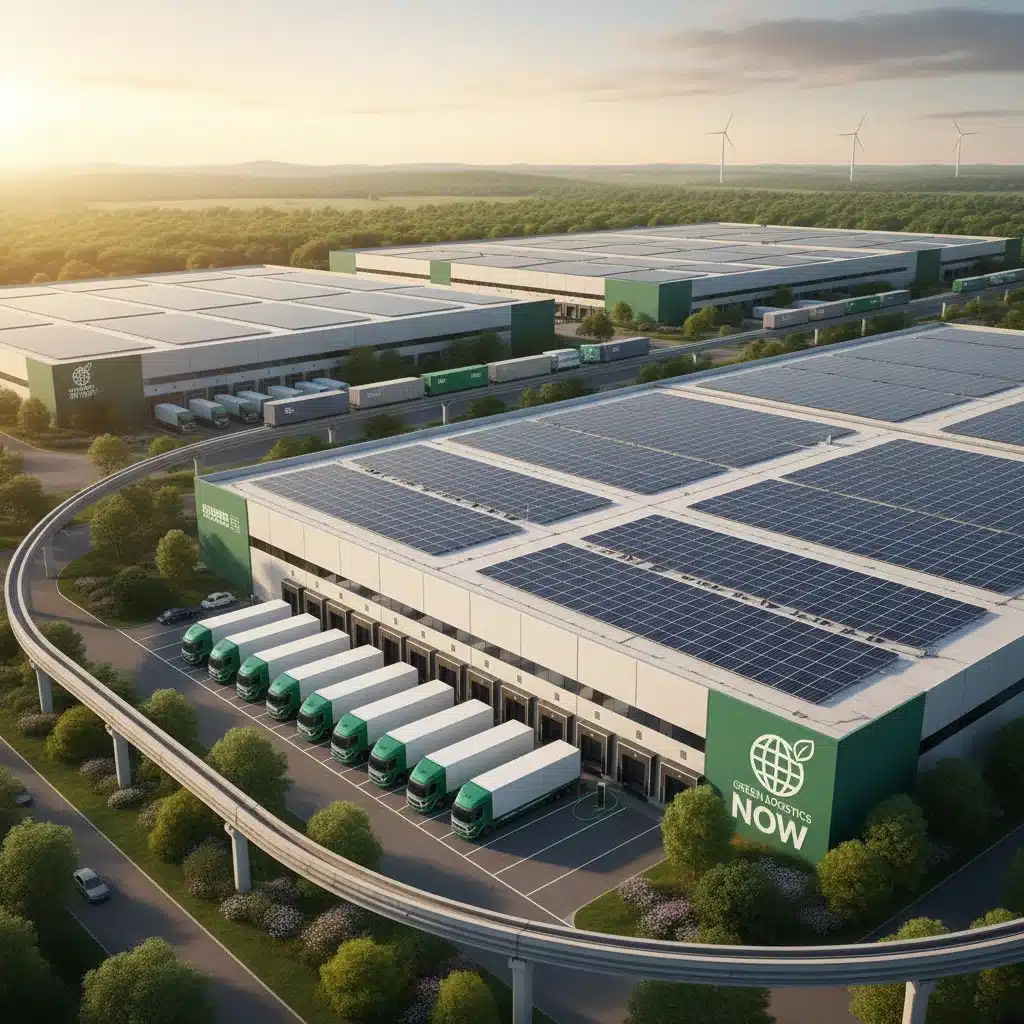 Green logistics network with electric trucks and solar-powered warehouses, emphasizing sustainable supply chain practices.