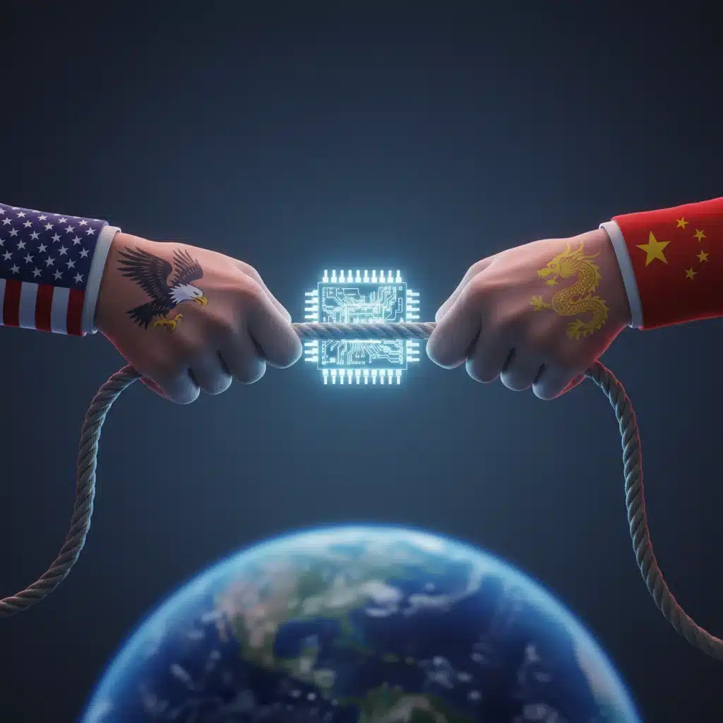 Hands in tug-of-war over microchip, symbolizing US-China tech rivalry.