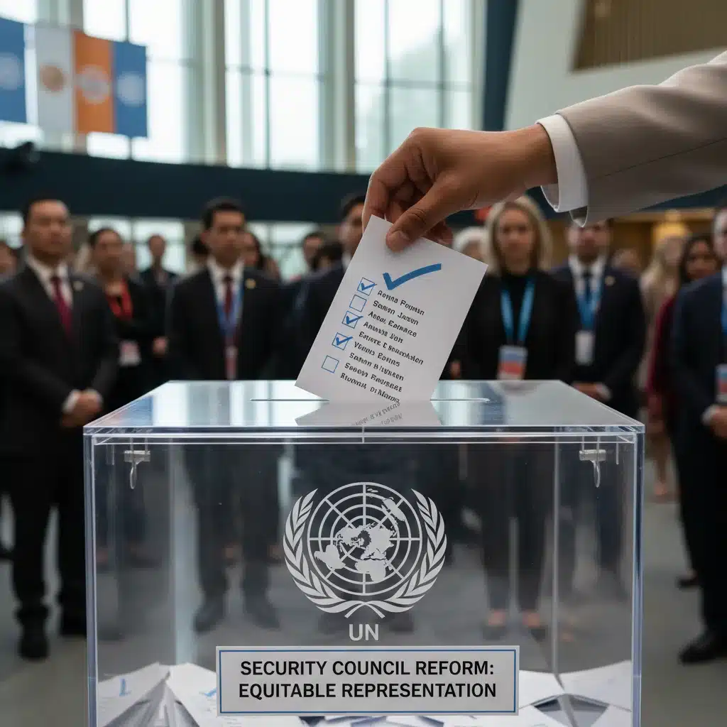 Symbolic ballot box representing reform and voting within the UN.