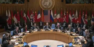 Diplomats discussing UN Security Council reforms, symbolizing international cooperation.