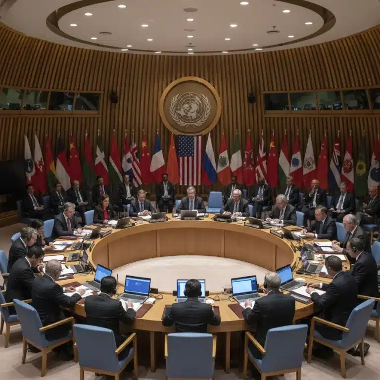 Diplomats discussing UN Security Council reforms, symbolizing international cooperation.