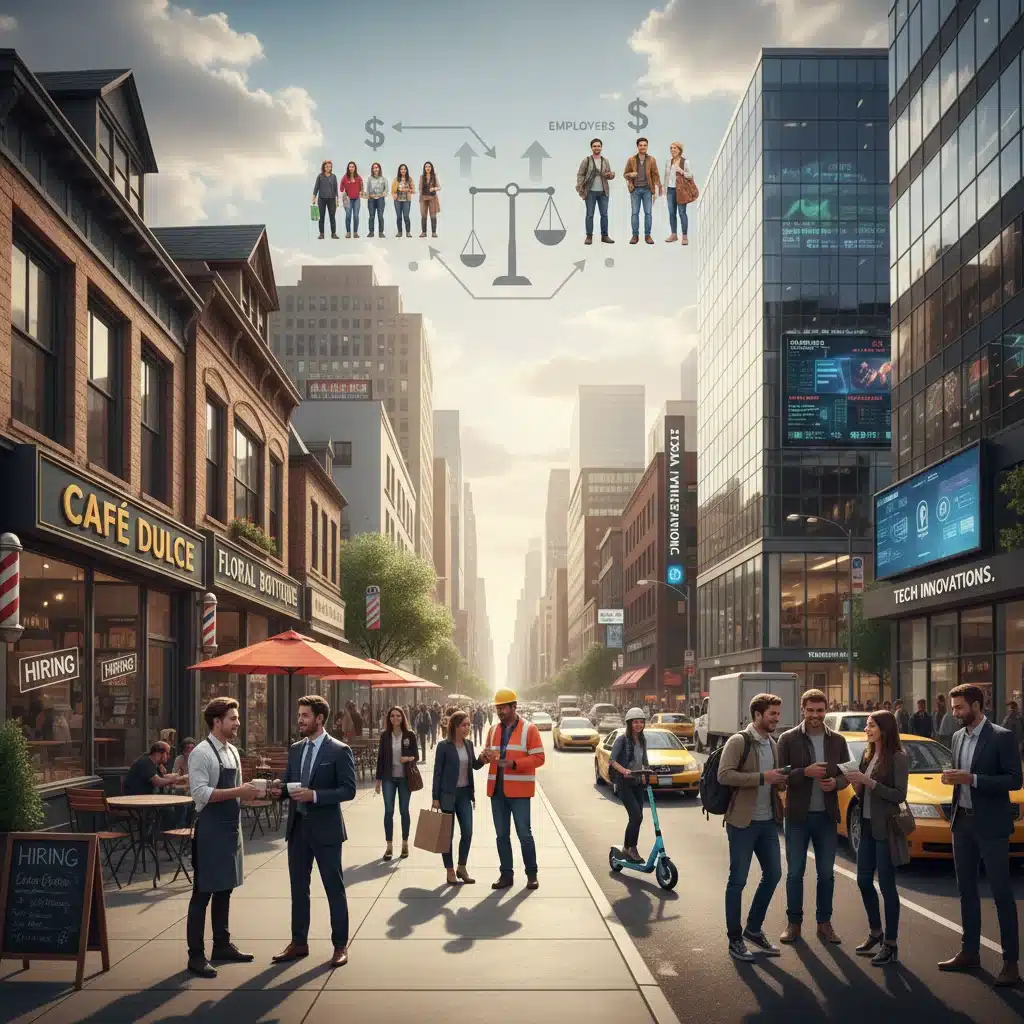 Diverse urban street with businesses and pedestrians, representing economic activity