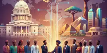 Illustration of US and African leaders shaking hands, symbolizing strong diplomatic ties and economic cooperation.
