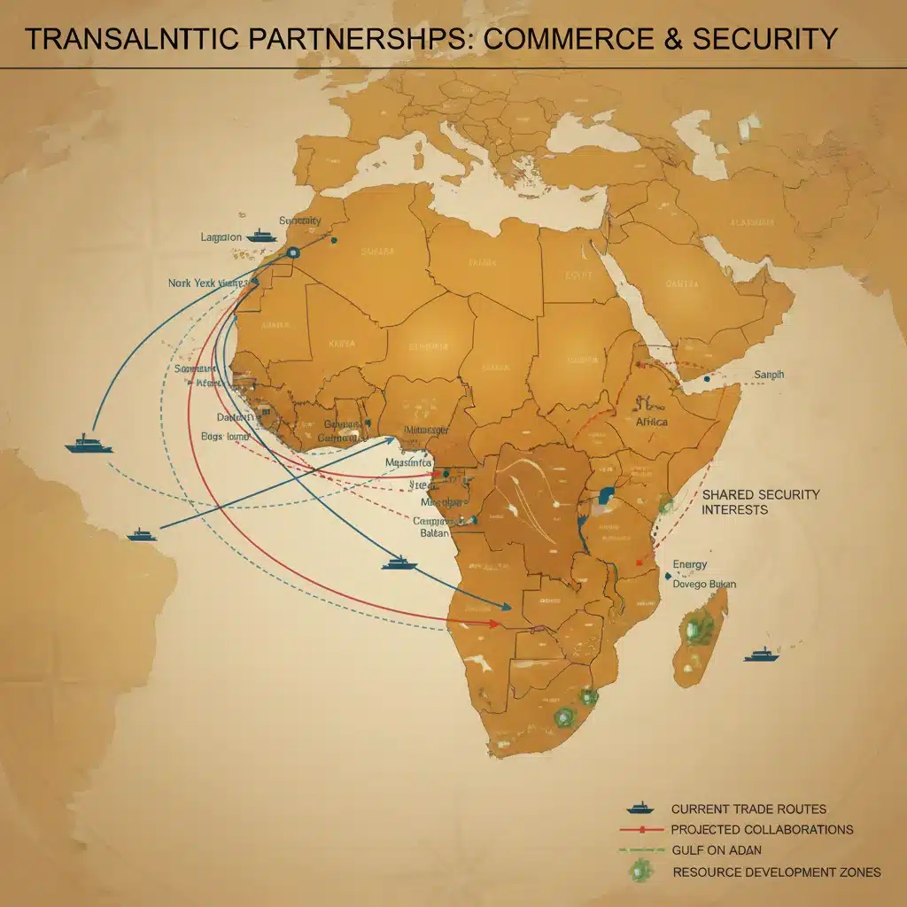 World map showing strategic trade routes and security collaborations between the US and African nations.