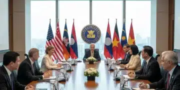 US and ASEAN leaders discussing strategic partnerships and economic cooperation in a formal setting.