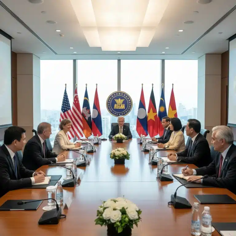 US and ASEAN leaders discussing strategic partnerships and economic cooperation in a formal setting.