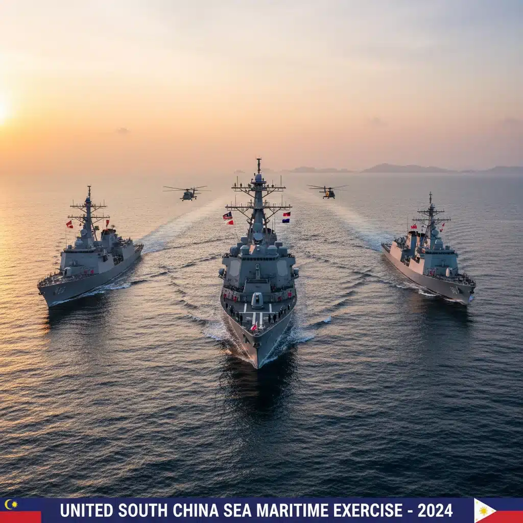 US and ASEAN naval forces conducting a joint maritime security exercise.